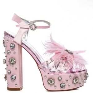 Azalea Wang Kiki Feather Crystal Embellished Barbie Platform Heel Size 10 Pink